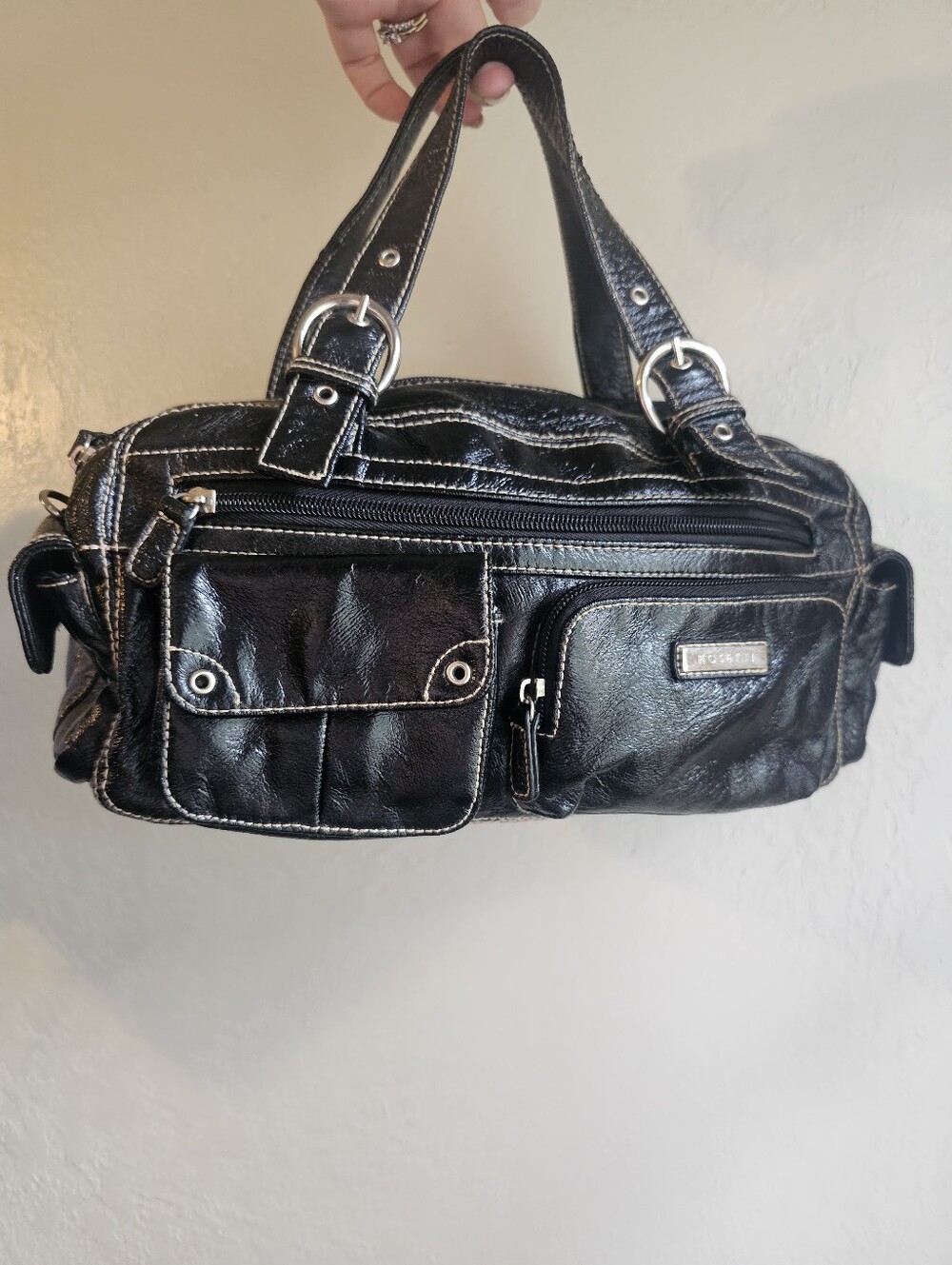 Rosetti Y2K Grunge Black Faux Leather Utility Multi-Pocket Satchel Bag